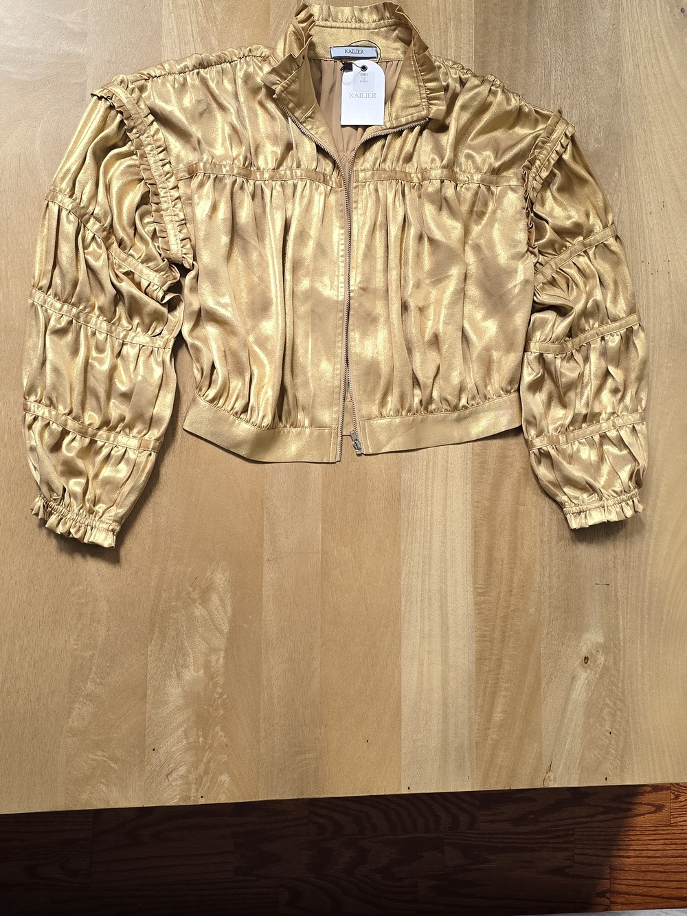 Kailier NWT Metallic Gold Cropped Ruffle Jacket Tiered Ruched Sleeves XS